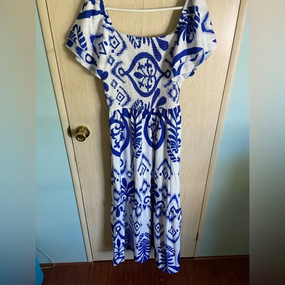 EFJONE Blue & White Allover Print Stretch Top Layer Sleeve Tiered Greek Dress XL - Picture 5 of 9